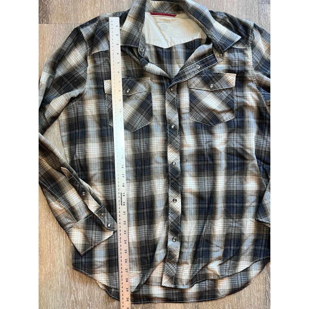 Banana Republic Slim Fit Snap-Front Flannel Shirt โ Grey & Brown Plaid โ Size XL - Picture 5 of 5